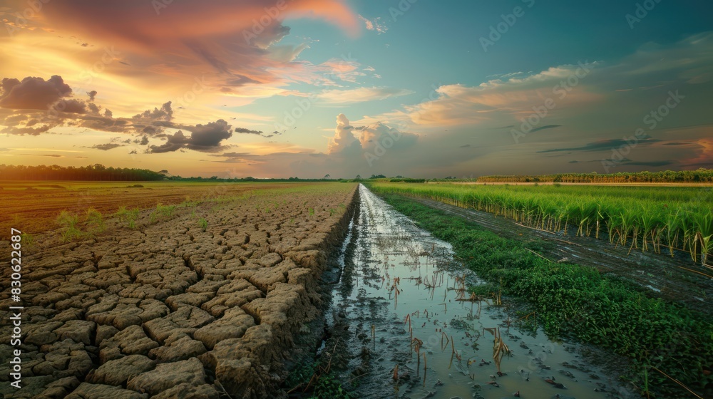 Fototapeta premium Water Scarcity and Agriculture: Illustrate water scarcity and agricultural impacts of climate change, with dried-up rivers, wilted crops, and farmers facing crop failures.