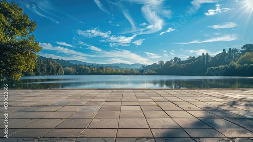 Fototapeta Naklejka Na Ścianę i Meble -  Blue sky and a vacant square ground overlooking a lake in nature