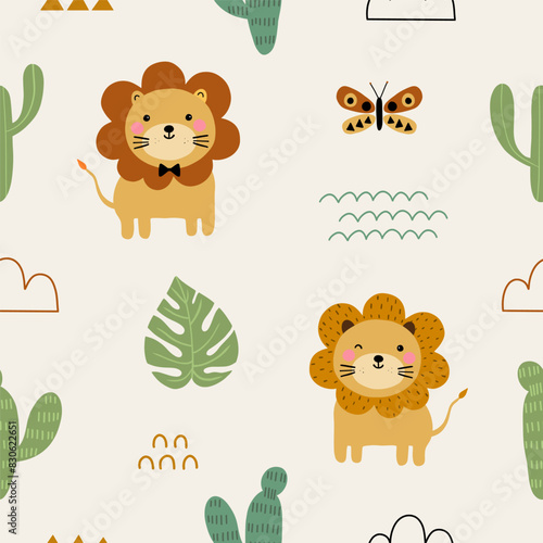 Seamless pattern with cute little lion  cactus and green leaves tropical for your fabric  children textile  nursery decoration  gift wrap paper  kids bedding  baby s shirt. Vector illustration