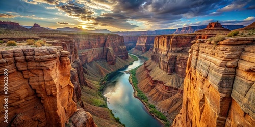 A stunning view of the deep chasm in the desert with a river flowing over the grand canyon state photo