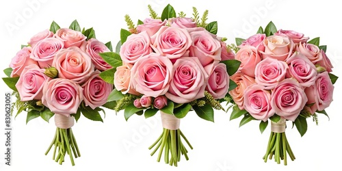 Set of pink rose bouquets on white background for wedding design