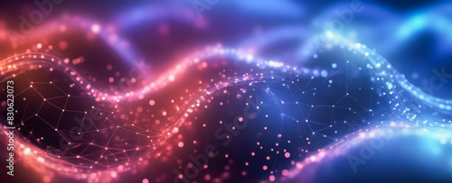 Digital illustration of flowing abstract waves with interconnected dots and lines on gradient background of blue and pink hues, representing network, data flow, futuristic technology concept photo