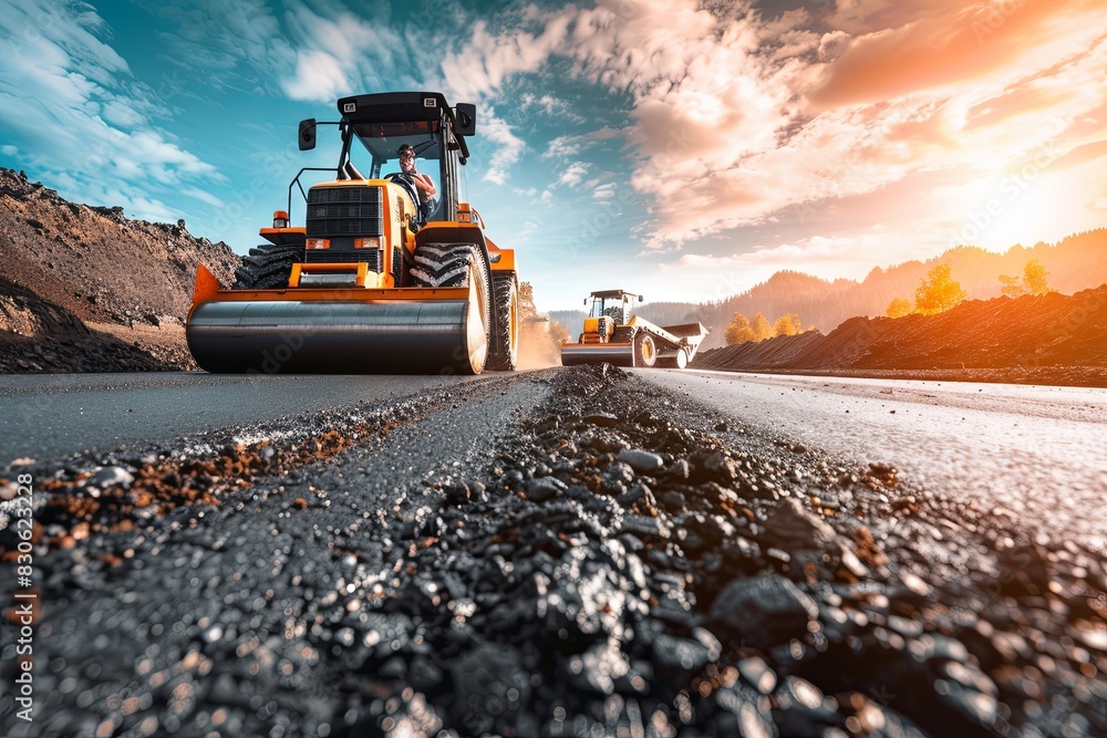 Two road rollers drive down a dirt road, flattening the ground as they work their way across the construction site. Generative AI