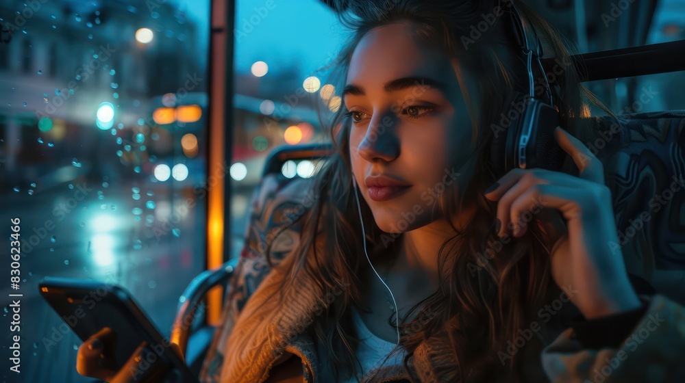 A candid photo of a beautiful young woman's face illuminated by the glow of her smartphone screen as she enjoys music on the bus. A candid photo of a beautiful young woman's face illuminated by the glow of her smartphone screen as she enjoys music on the bus.