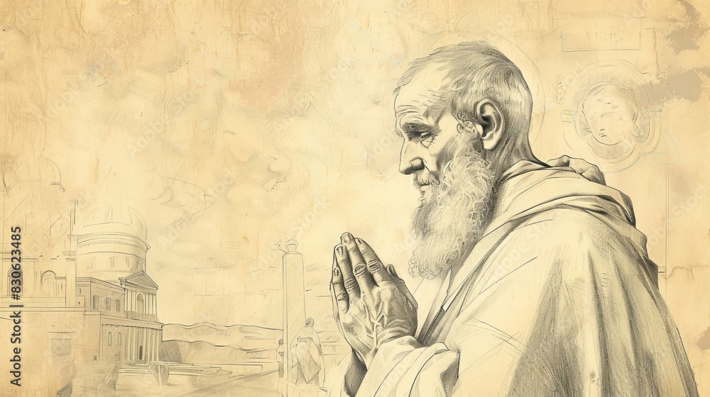 Fototapeta premium St. Simon the Apostle in Prayer in 1st-Century Church, Biblical Illustration, Beige Background, Copyspace