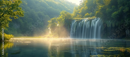 Misty Waterfall and Lake on a Sunny Day Generative AI