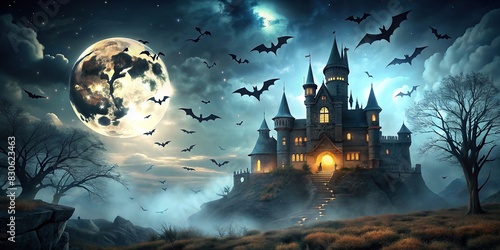 Spooky Halloween background featuring a haunted castle with bats flying around © Sanook