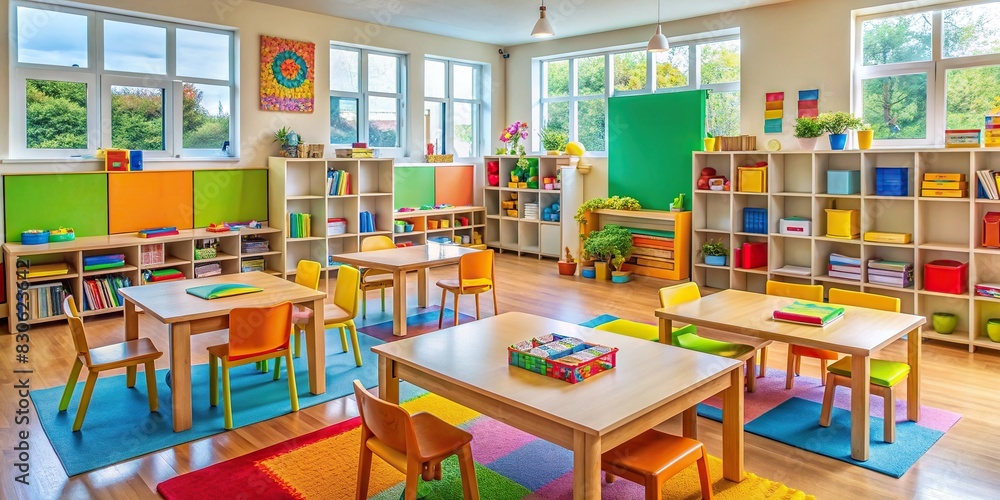 Empty kindergarten classroom with colorful alphabet and reading books