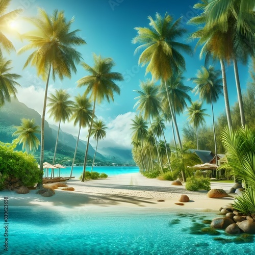 Beautiful beaches with blue skies  tropical summer scenery lined with palm trees  vacation spots where you want to leave 