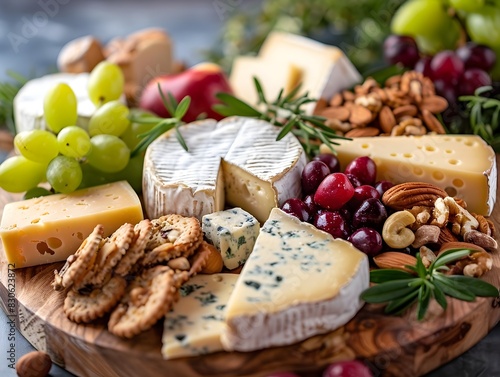 Artfully Curated Cheese Board with Assorted Nuts and Fresh Fruits for Gourmet Snacking and Social Gatherings