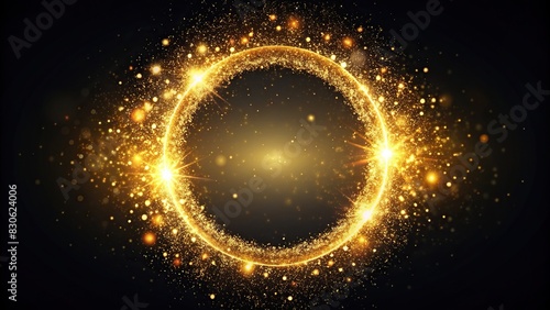 Golden glitter circle of light with sparkles and golden particles on black background