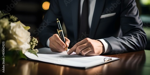 Man signing prenuptial agreement symbolizing financial planning and asset protection in marriage. Concept Finance, Marriage, Prenuptial Agreement, Asset Protection, Financial Planning photo