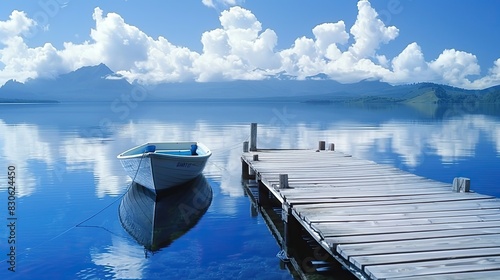 Tranquil Boat Docked at Pier  Majestic Mountains Backdrop