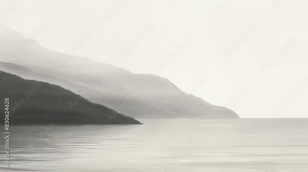 Black and White Ocean Scene with Waves, Hills, and Mountains in Distance