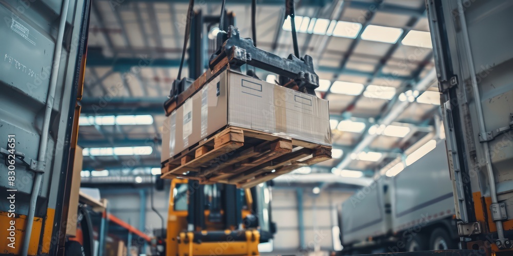 A close-up of a forklift's hydraulic arm as it lifts a container box onto the bed of a truck in a busy logistics depot. A close-up of a forklift's hydraulic arm as it lifts a container box onto the bed of a truck in a busy logistics depot.