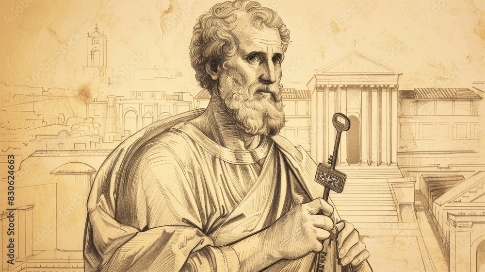Fototapeta premium St. Peter the Apostle Holding Keys in 1st-Century Church, Biblical Illustration, Beige Background, Copyspace