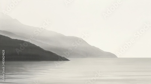 Black and White Ocean Scene with Waves  Hills  and Mountains in Distance