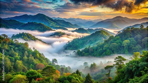 Foggy mountain valley with lush foliage photo