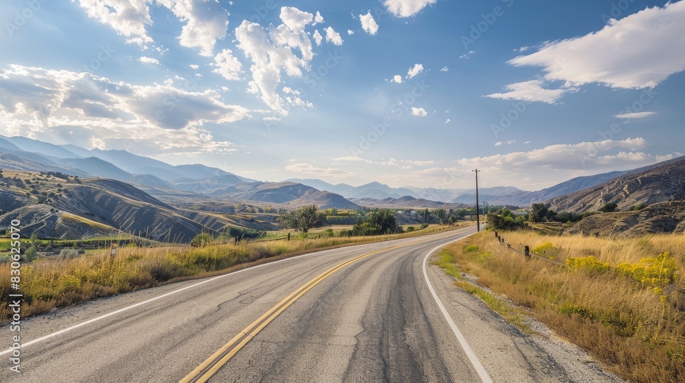 Naklejka premium Serene Mountain Road Amidst Lush Greenery and Majestic Peaks