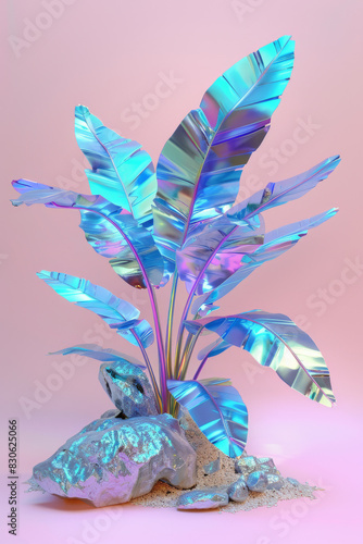 Futuristic Cyan and Purple Metallic Leaves on Pastel Background © artem