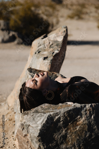 girl in a swimsuit in the desert, fashion beauty girl in the desert, A girl holds a buffalo skull