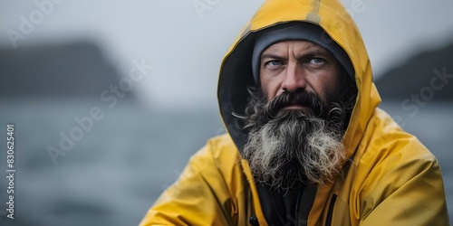 Serious fisherman with yellow hooded raincoat and beard looking contemplative by water. Concept Fishing, Nature, Contemplation, Outdoors, Raincoat photo