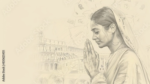 Wallpaper Mural St. Perpetua in Prayer with Roman Arena, Biblical Illustration, Beige Background, Copyspace Torontodigital.ca