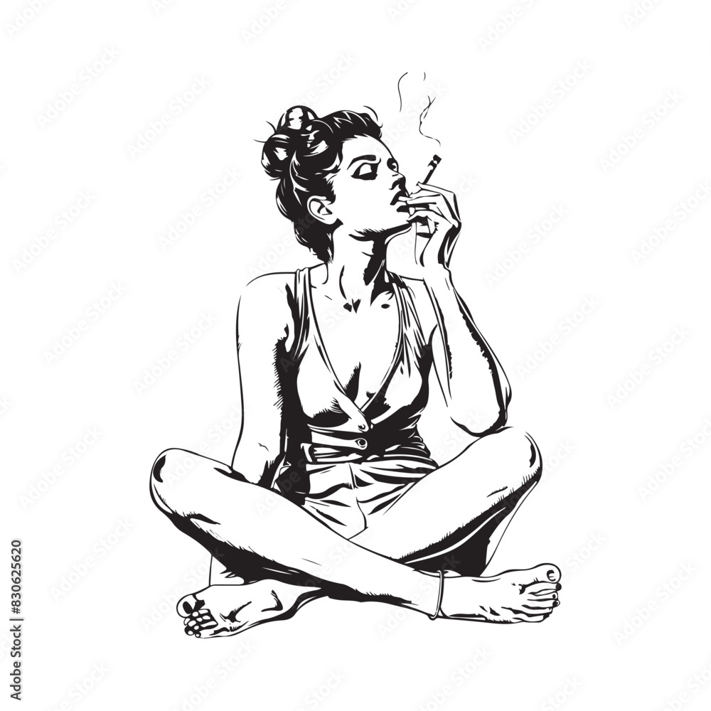 Woman in a relaxed pose, smoking a cigarette image Vector 