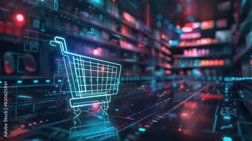 A dynamic 3D render of a futuristic online shopping platform, with a glowing shopping cart icon front and center, highlighting the convenience and accessibility of e-commerce. A dynamic 3D render of a futuristic online shopping platform, with a glowing shopping cart icon front and center, highlighting the convenience and accessibility of e-commerce.