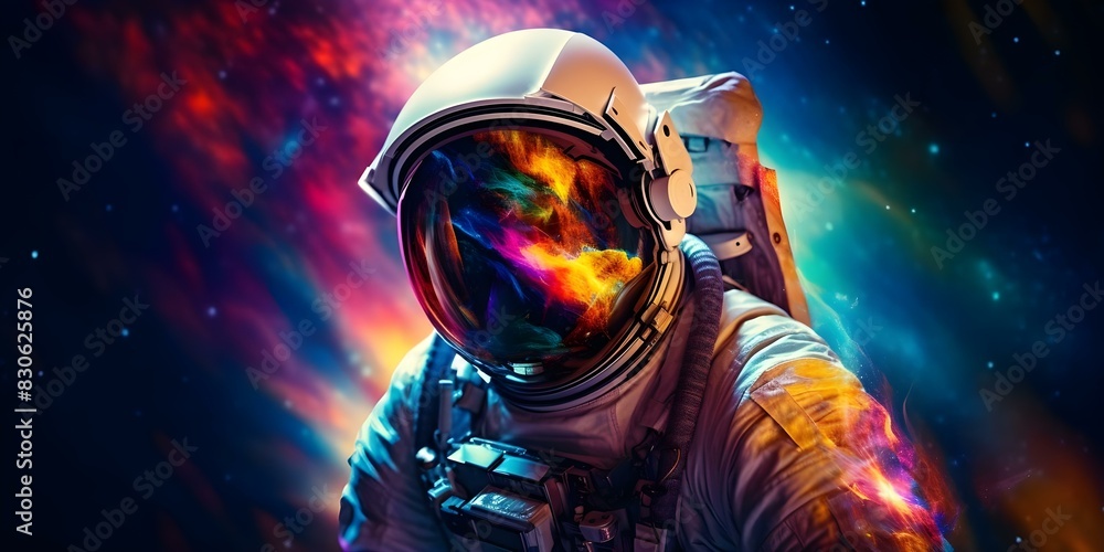 Astronaut in space with colorful galaxy reflections in helmet visor. Concept Space Photography, Astronaut Portraits, Galaxy Reflections, Helmet Reflections, Creative Composition Astronaut in space with colorful galaxy reflections in helmet visor. Concept Space Photography, Astronaut Portraits, Galaxy Reflections, Helmet Reflections, Creative Composition