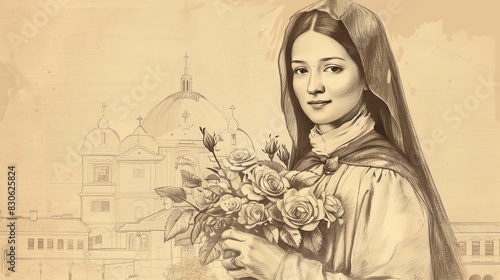 St. Therese of Lisieux Holding Roses at Carmelite Convent, Biblical Illustration, Beige Background, Copyspace