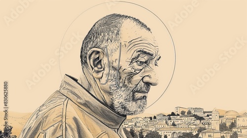 St. Padre Pio Showing Stigmata in San Giovanni Rotondo, Biblical Illustration, Beige Background, Copyspace photo