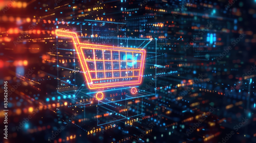 A dynamic CGI background featuring a glowing shopping cart icon surrounded by digital data streams and binary code, symbolizing the digital infrastructure of modern e-commerce platforms. A dynamic CGI background featuring a glowing shopping cart icon surrounded by digital data streams and binary code, symbolizing the digital infrastructure of modern e-commerce platforms.