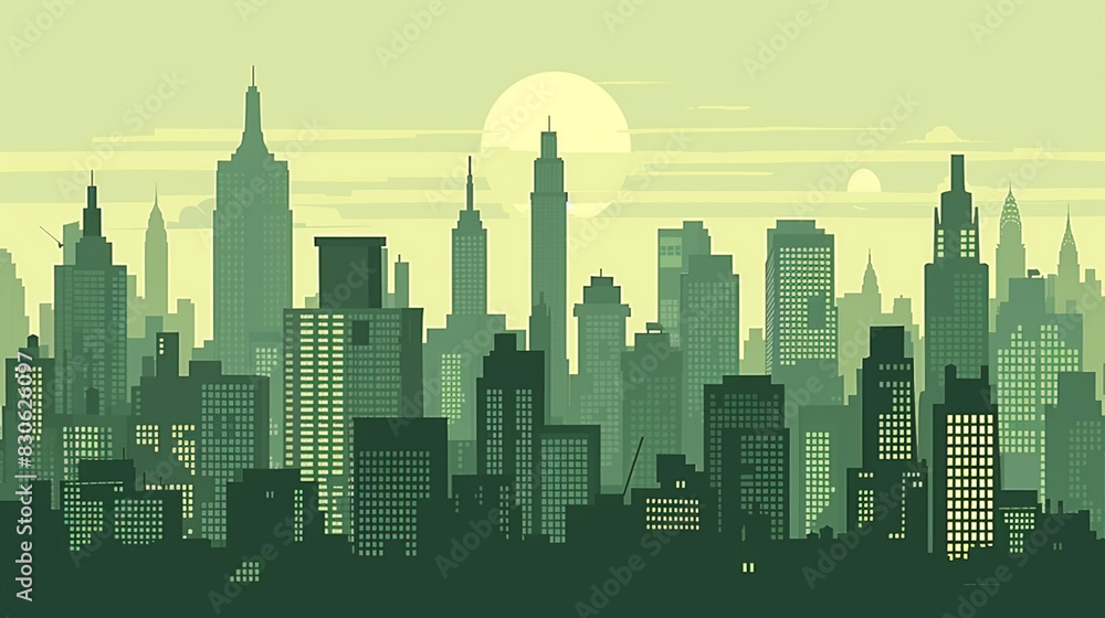 A cityscape, flat using simple lines and shapes in a flat design style with vector graphics and flat colors with bold outlines showing influence from pop art.