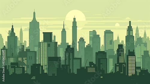 A cityscape  flat using simple lines and shapes in a flat design style with vector graphics and flat colors with bold outlines showing influence from pop art.
