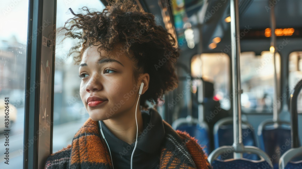 A dynamic image of a stylish young woman bobbing her head to the music with earbuds in while riding the city bus. A dynamic image of a stylish young woman bobbing her head to the music with earbuds in while riding the city bus.