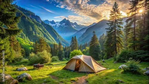 An idyllic campsite nestled in the mountains with a cozy tent surrounded by lush greenery, perfect for a summer getaway photo