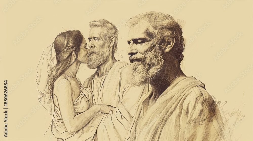 Fototapeta premium St. Valentine with Loving Couple Symbolizing Love and Marriage, Biblical Illustration, Beige Background, Copyspace