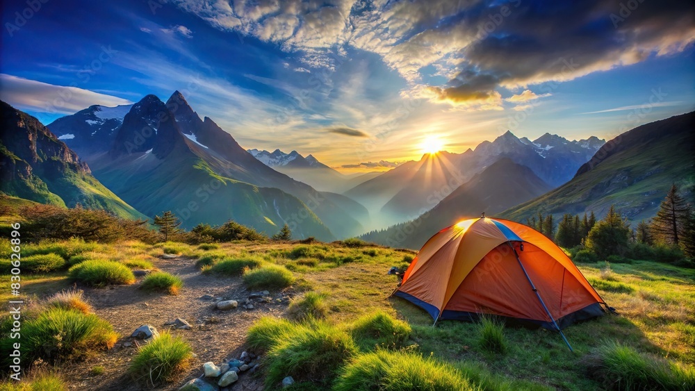 A serene camping spot high in the mountains with a colorful tent under clear blue skies in the summer season