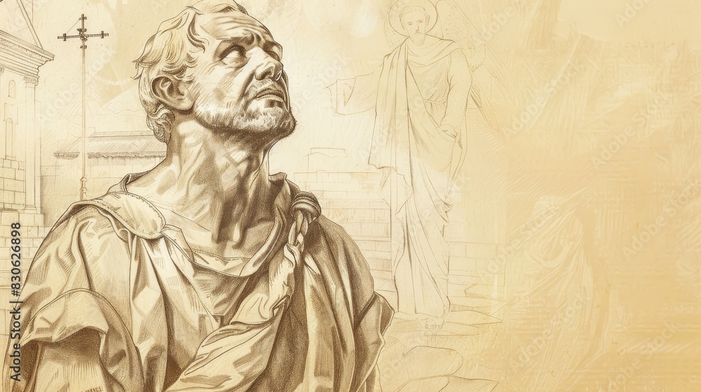 Fototapeta premium St. Stephen the Martyr in Martyrdom in 1st-Century Church, Biblical Illustration, Beige Background, Copyspace