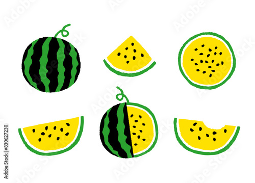 かわいい黄色いスイカのイラストセット_Cute yellow watermelon illustration set