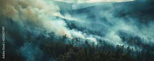 Burning forest. Plumes of smoke erupt from a forested mountain range. Top view of a starting forest fire. Disaster. photo