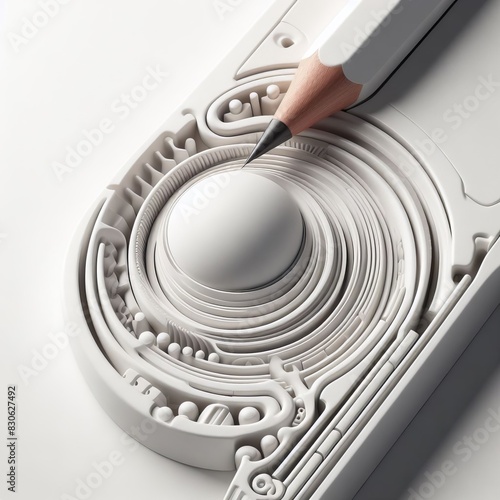 A close-up photo of a metal pen resting on a blank spiral notepad on an office desk under a desk lamp photo