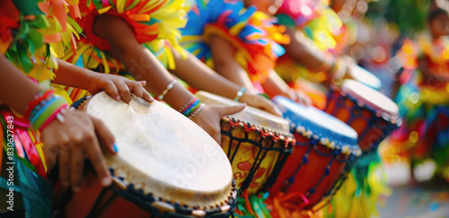 Close up of children's hands playing drum in the parade, wearing colorful costumes at Carnival party with blurred people dancing samba in the background