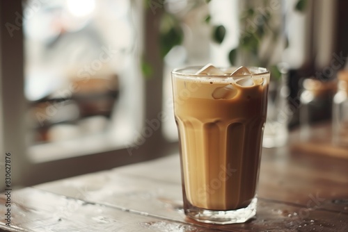 A glass of iced coffee on a wooden table