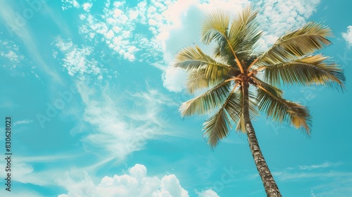 Single Palm Tree against Blue Sky and Ocean
