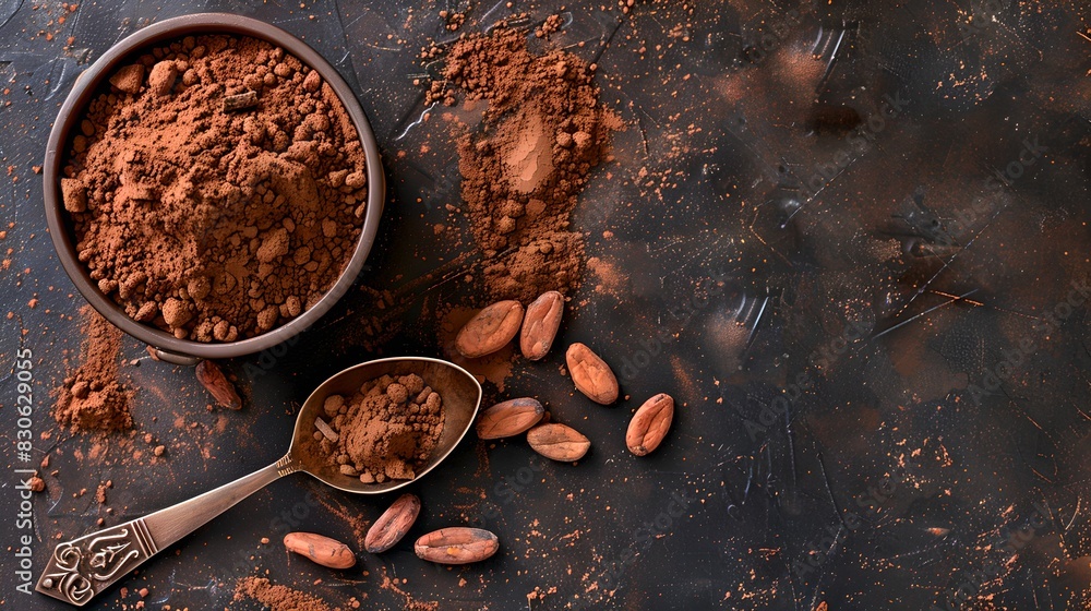 Top view of rich cocoa powder and cocoa beans. Perfect for culinary or food photography. Dark rustic style background. AI Top view of rich cocoa powder and cocoa beans. Perfect for culinary or food photography. Dark rustic style background. AI