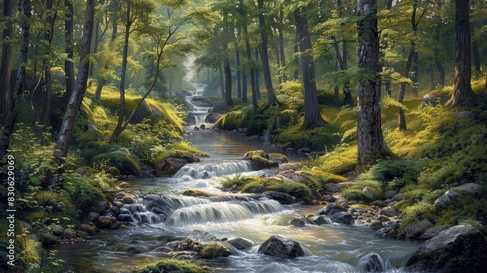 Forest Serenity A captivating painting of a lush forest, with a tranquil stream flowing through it, capturing the beauty and serenity of nature Forest Serenity A captivating painting of a lush forest, with a tranquil stream flowing through it, capturing the beauty and serenity of nature