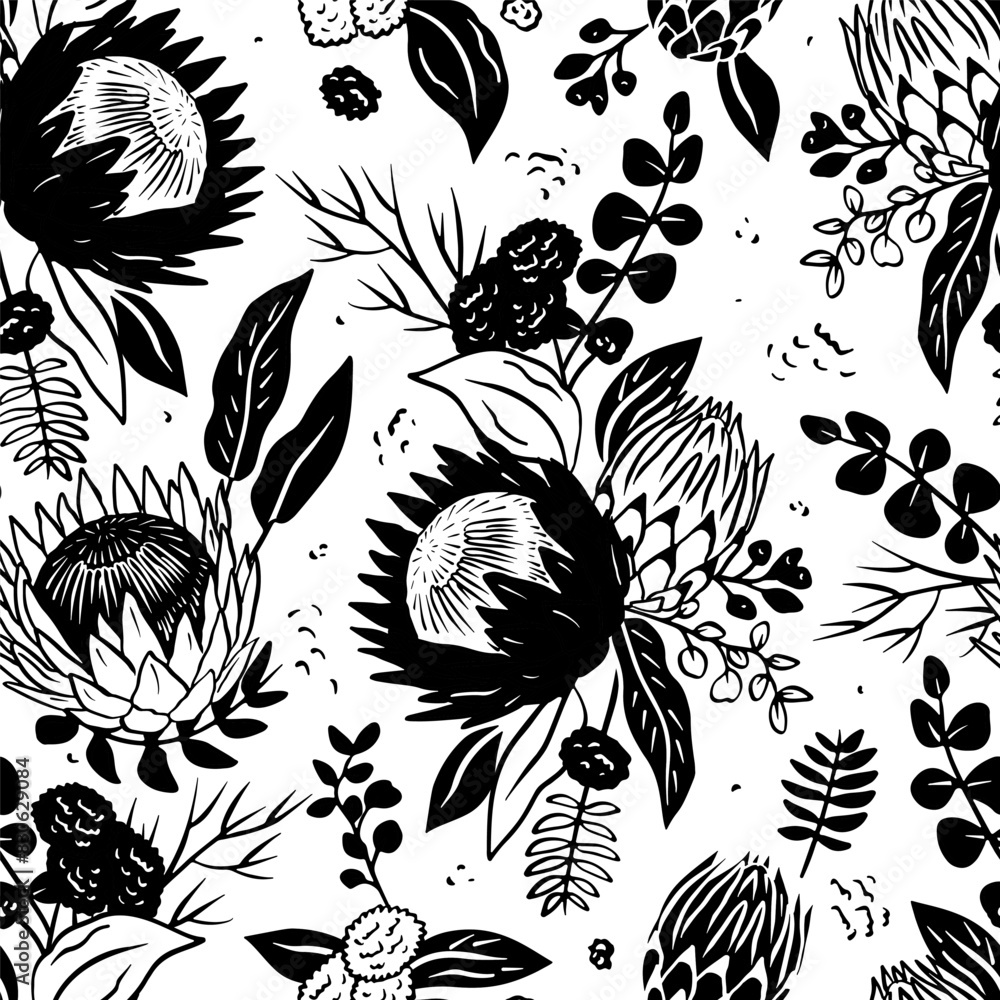 Black and white seamless pattern with line art protea flowers on white background. Monochrome tropical floral wallpaper. Black and white seamless pattern with line art protea flowers on white background. Monochrome tropical floral wallpaper.