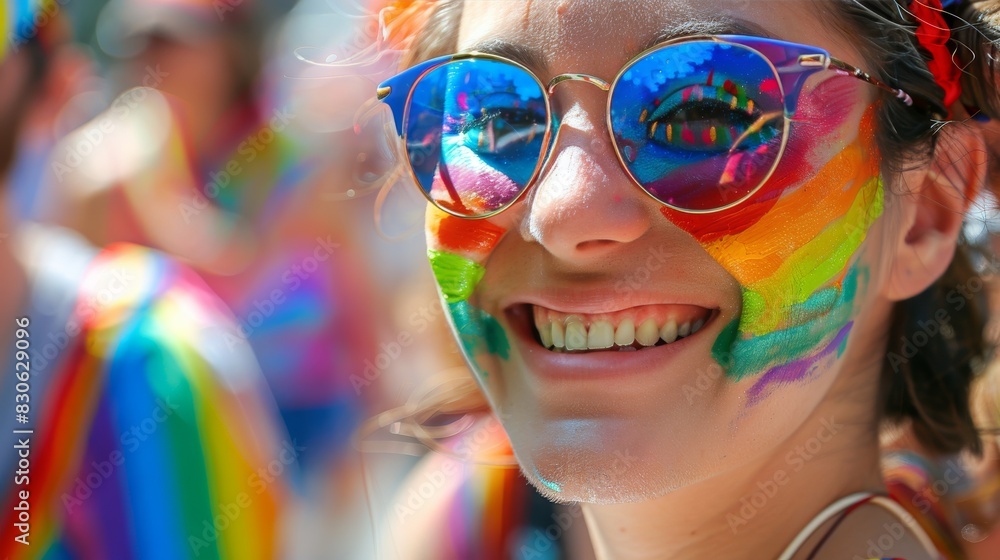 Participants at a Pride parade proudly displaying rainbow face paint, symbolizing diversity and inclusion. celebration and solidarity within the LGBTQ+ community Participants at a Pride parade proudly displaying rainbow face paint, symbolizing diversity and inclusion. celebration and solidarity within the LGBTQ+ community
